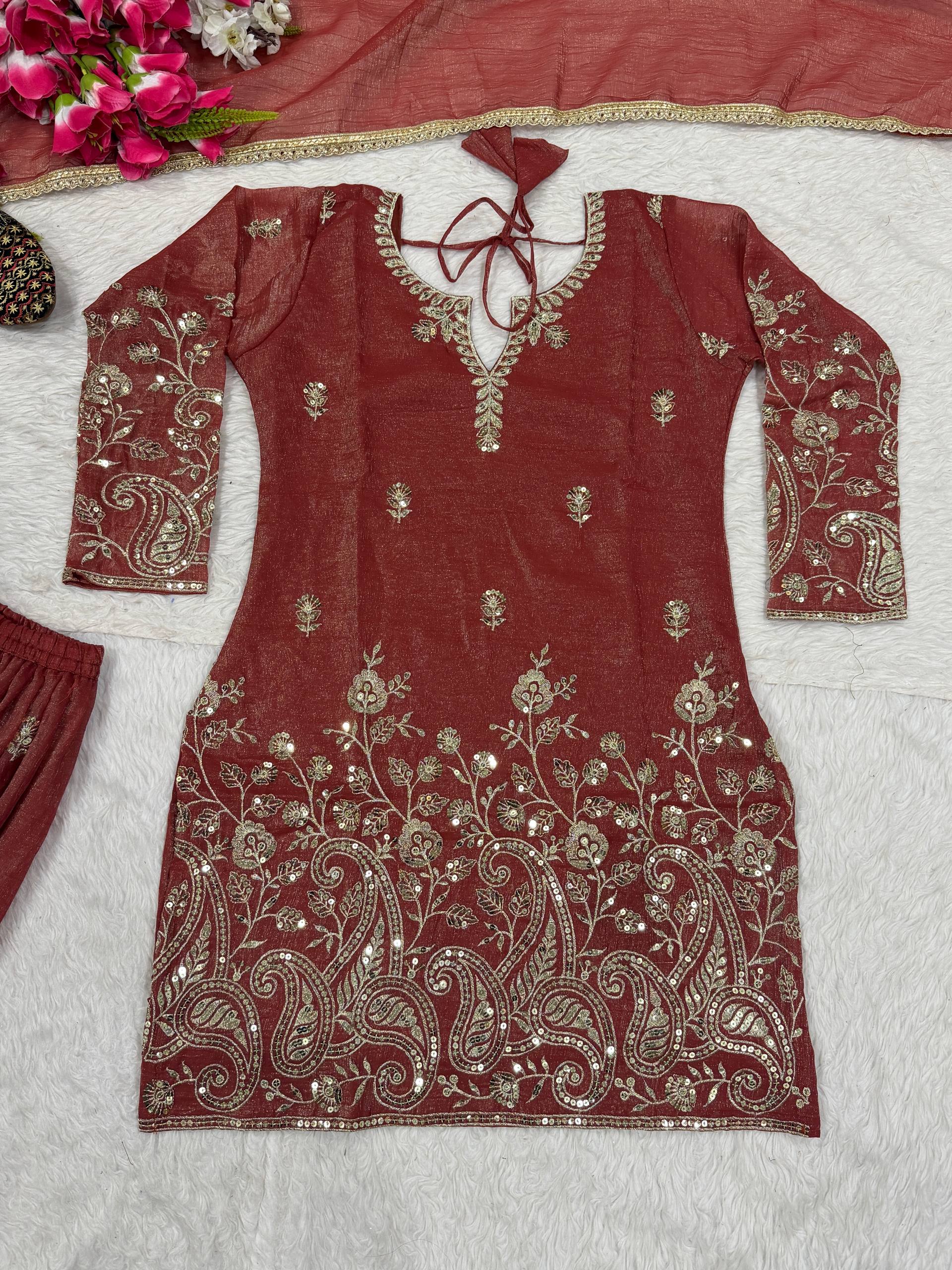 Urban Copper-Red Embroidered Flared Ensemble